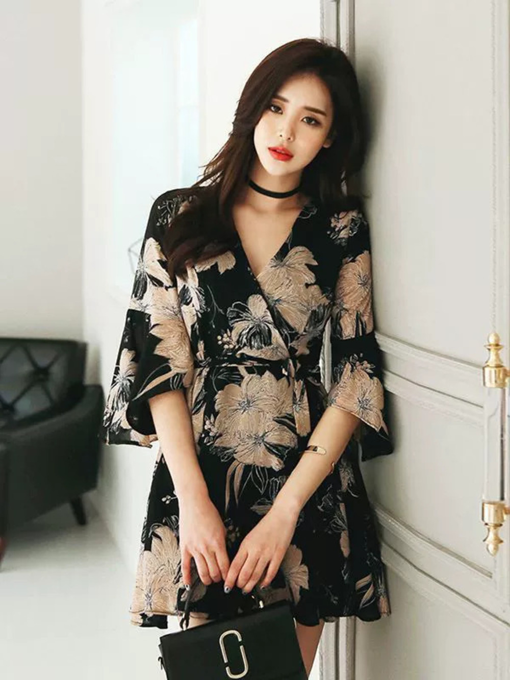 Vintage Floral Print Summer Korean Elegant Flared Sleeve Tie Waist Dress